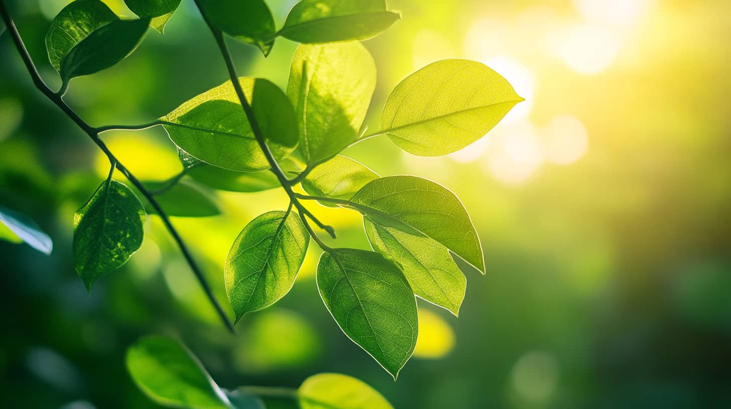 Close-up of vibrant green leaves on a branch, illuminated by warm sunlight in the background. The light creates a soft, glowing effect, highlighting the natural texture and veins of the leaves. The scene evokes a peaceful, nature-inspired atmosphere.