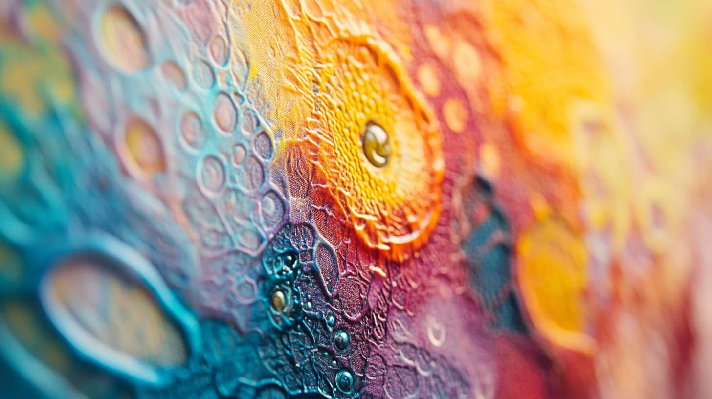 Close-up of an abstract painting featuring a vibrant blend of colors including yellow, orange, and blue. The texture is rich, with intricate patterns of circles and grooves, resembling a microscopic or cosmic landscape.