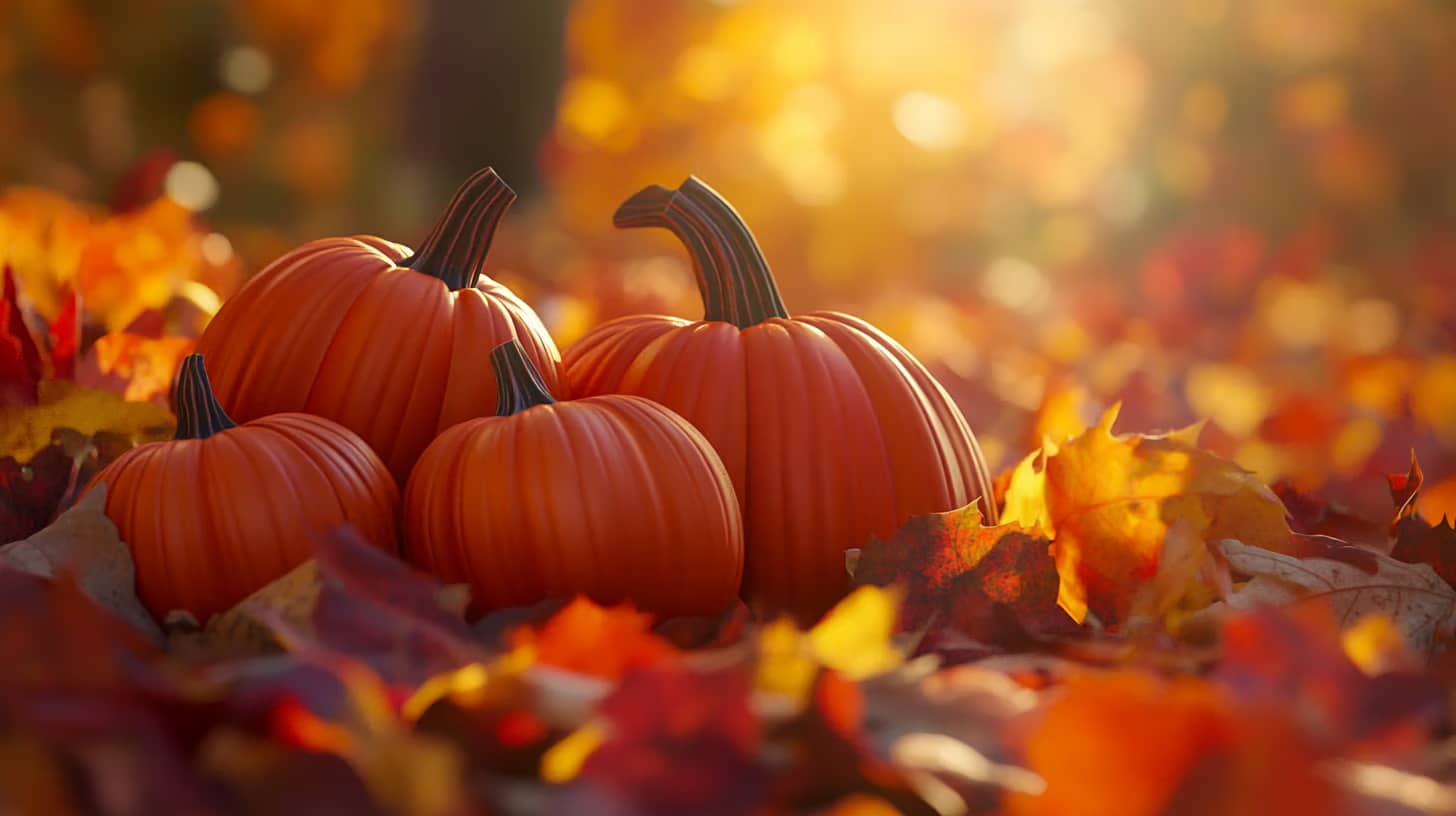A group of pumpkins surrounded by vibrant autumn leaves in warm sunlight. The scene captures the essence of fall with rich orange and red hues, highlighting the pumpkins among the colorful foliage.