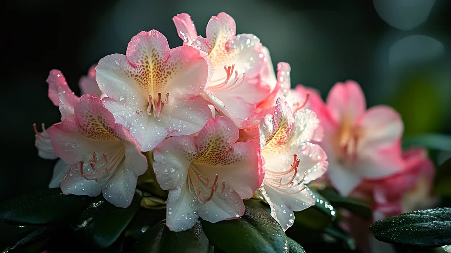 A cluster of pink and white rhododendron flowers with dew on their petals, set against a dark green blurred background. The petals exhibit a soft gradient from white to pink, with intricate patterns in the center.