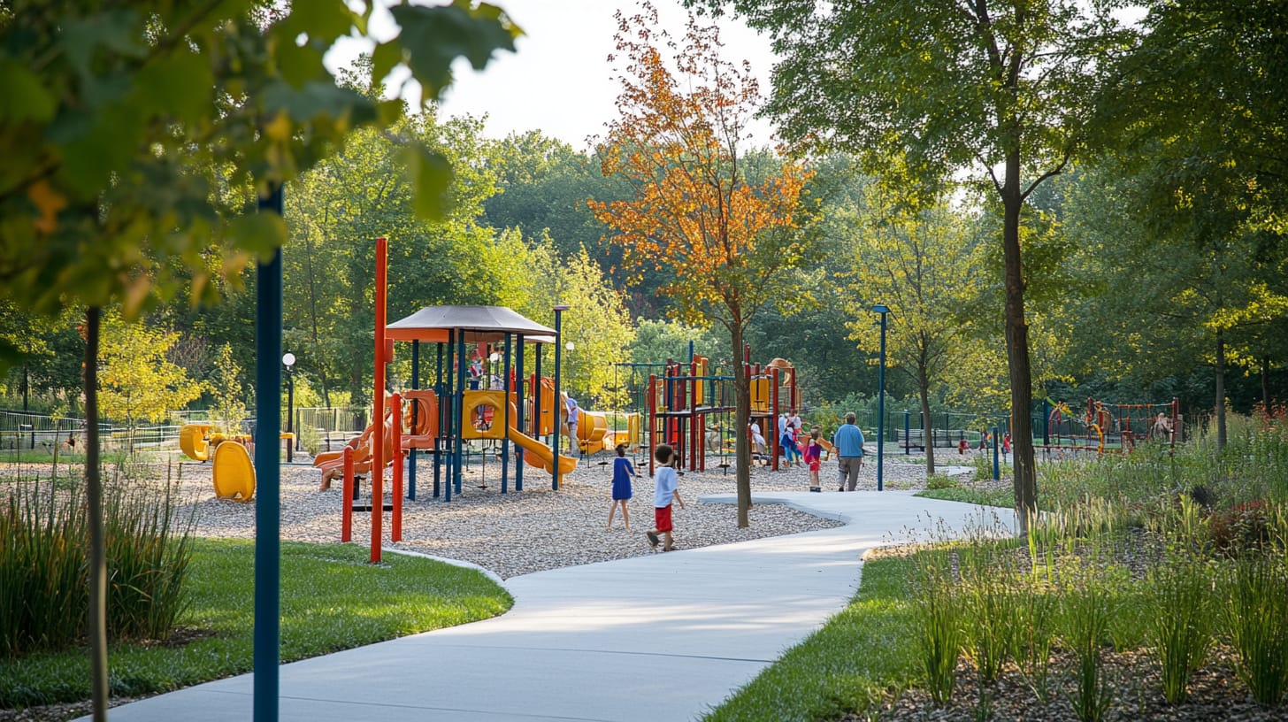 A vibrant playground with colorful equipment, including slides and climbing structures, surrounded by trees and greenery. A few children are playing, and adults are walking along a winding path on a sunny day.