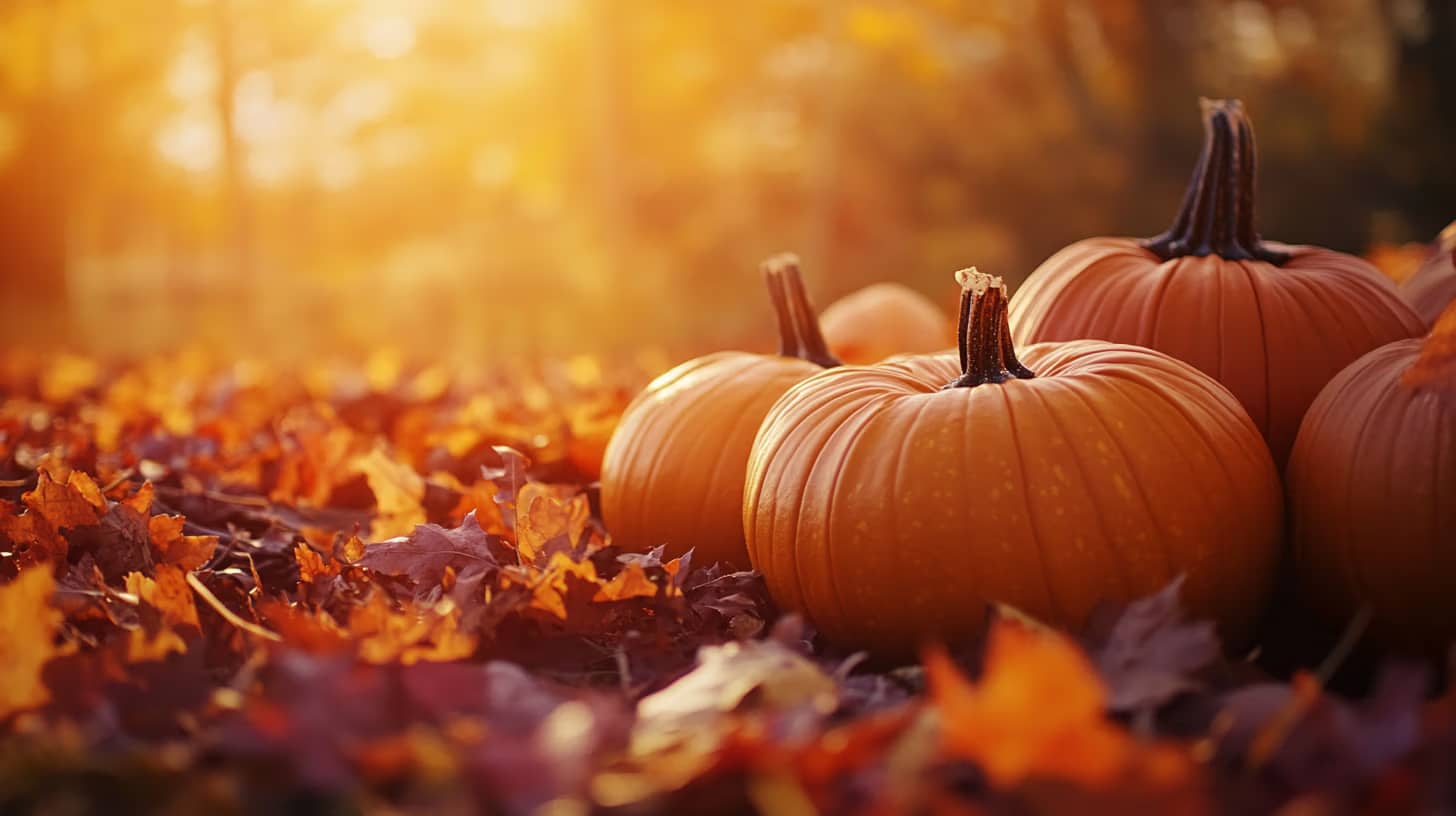 A group of pumpkins sits among colorful fallen leaves on the ground. The warm golden sunlight filters through the trees, casting a soft glow over the autumn scene.