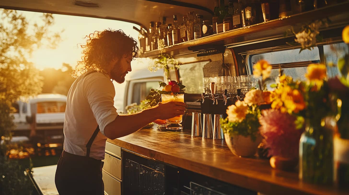 A bartender with curly hair prepares a cocktail at an outdoor bar during sunset. The counter is decorated with vibrant flowers and bottles in the background, creating a warm, inviting atmosphere.