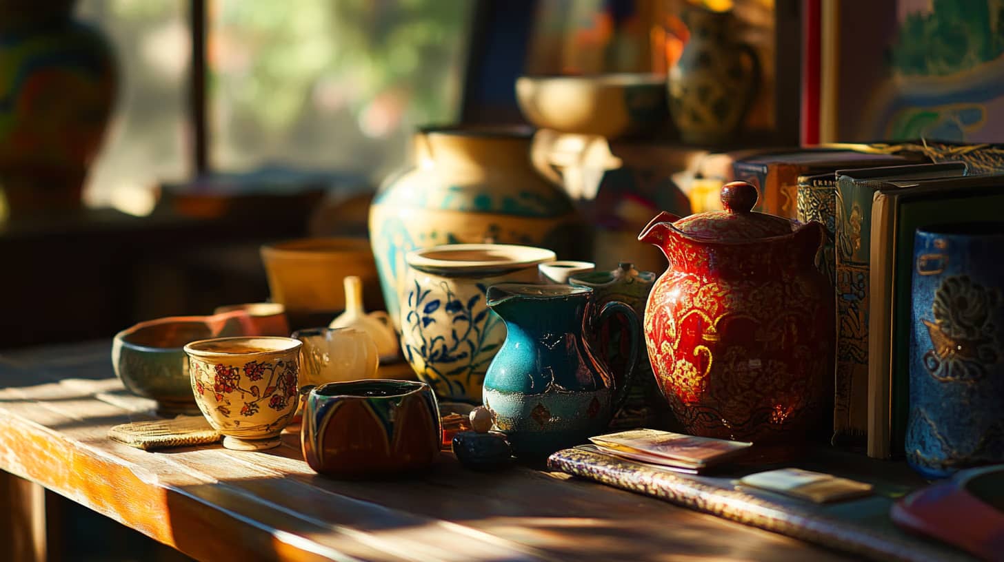 A collection of colorful, intricately decorated pottery items and books are arranged on a sunlit wooden table. The pottery includes cups, vases, and a teapot, casting soft shadows in the warm, ambient light.