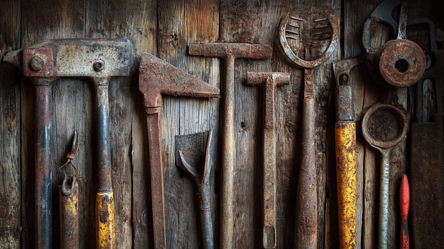 A collection of rusty, vintage hand tools with wooden handles are lined up against a weathered wooden background. The tools include hammers, wrenches, and other implements, showcasing an aged, industrial aesthetic.