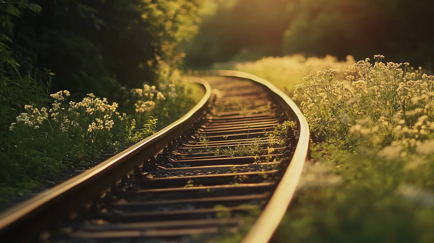 A curved railway track bathed in warm sunlight winds through lush greenery. White wildflowers grow alongside, adding a touch of nature to the tranquil scene. The sunlight creates a soft, golden hue on the tracks and plants.