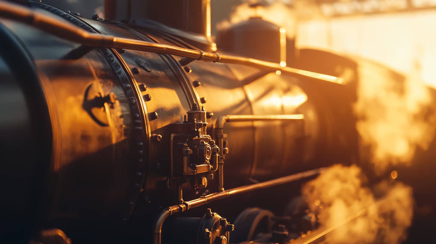Close-up of a vintage steam locomotive with sunlight illuminating the metal and steam. The intricate machinery and pipes are highlighted, showcasing the complexity and power of the train. Steam billows around, creating a warm, nostalgic atmosphere.