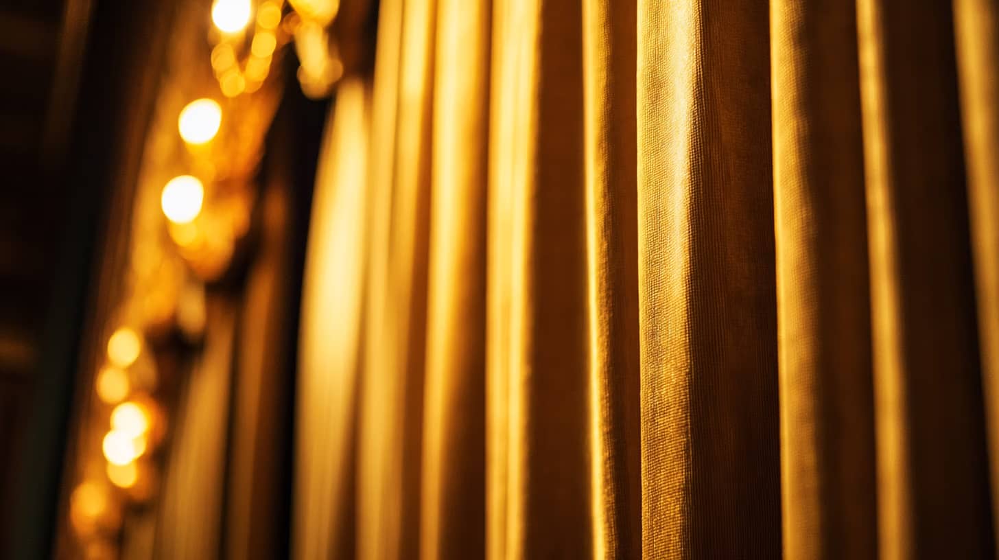 Close-up of golden theater curtains with soft focus. Bright stage lights illuminate the curtain's fabric, casting a warm, inviting glow.