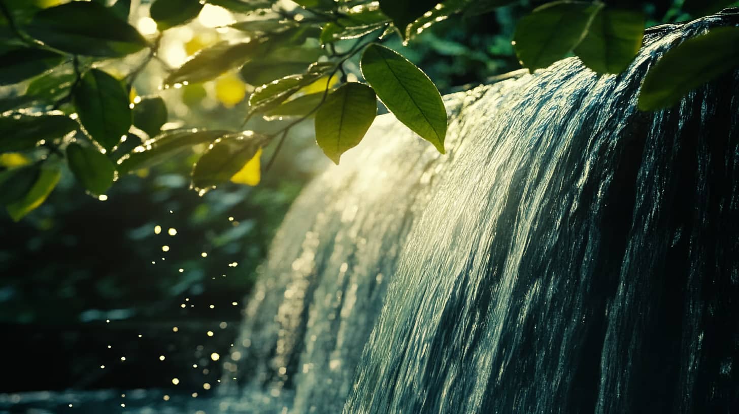 A serene waterfall cascades gently in a lush forest setting, with sunlight filtering through the leaves, creating a tranquil and refreshing scene. Water droplets are visible, adding to the peaceful ambiance.