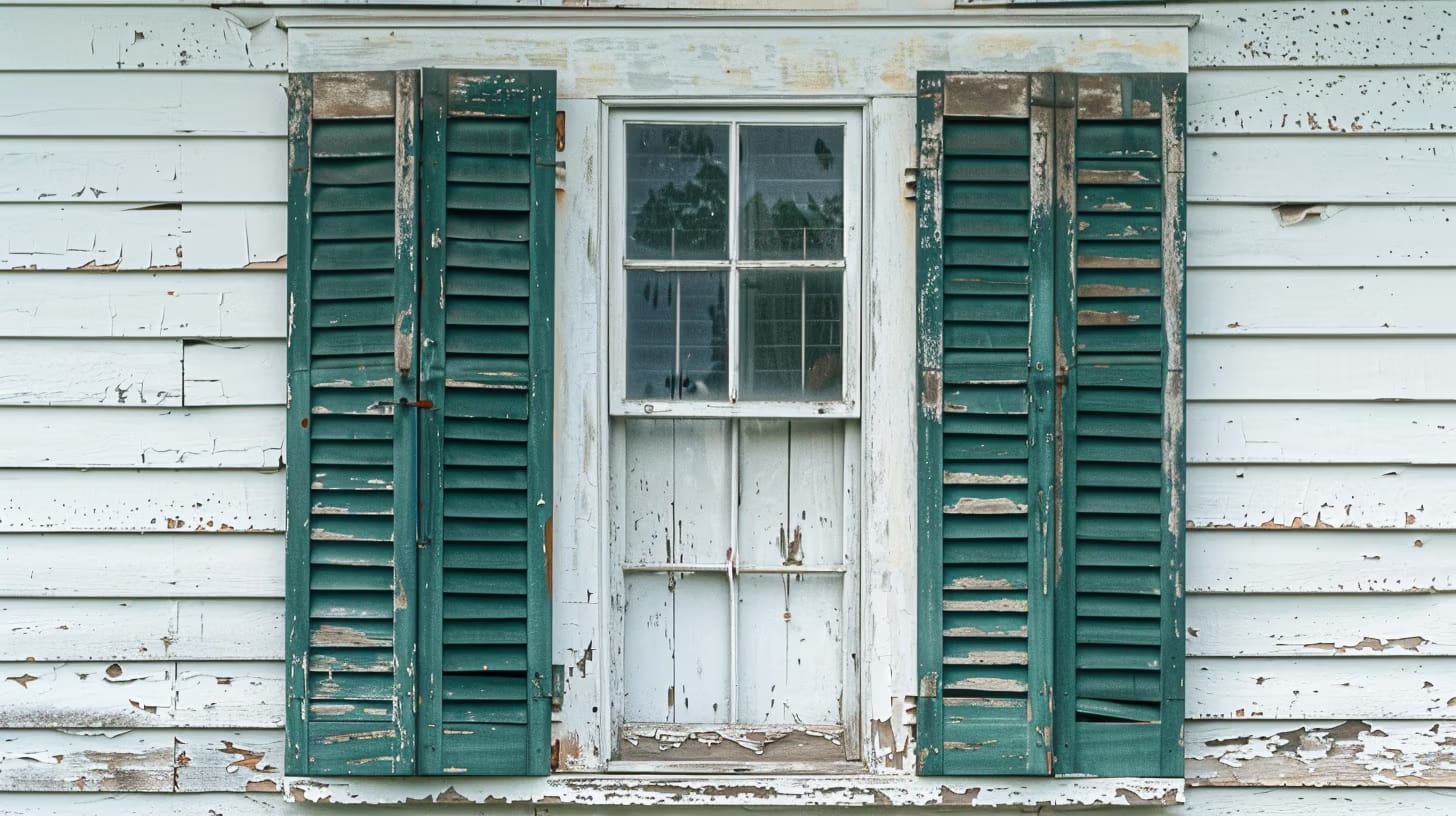 A weathered house facade with peeling white paint and green shutters. The old window in the center has chipped paint and reflects trees in the glass panes.