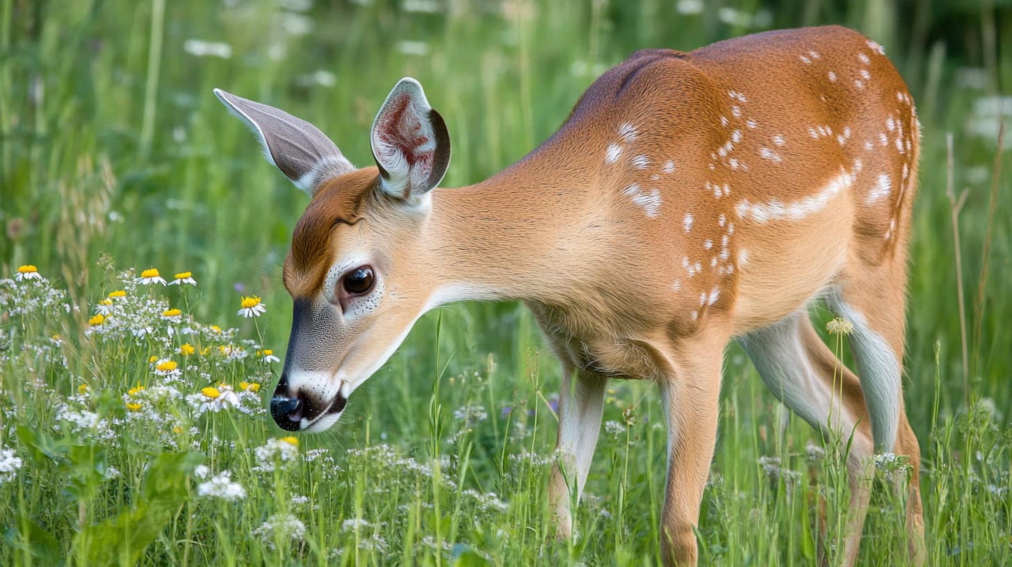 A young deer with white spots grazes in a grassy field, surrounded by wildflowers and greenery. The deer is focused on the flowers in the natural setting.