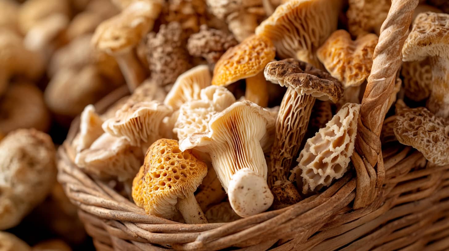 A close-up of a woven basket filled with assorted wild mushrooms. The mushrooms vary in shape and size, with earthy tones of brown, cream, and yellow, displaying intricate patterns and textures on their caps and stems.