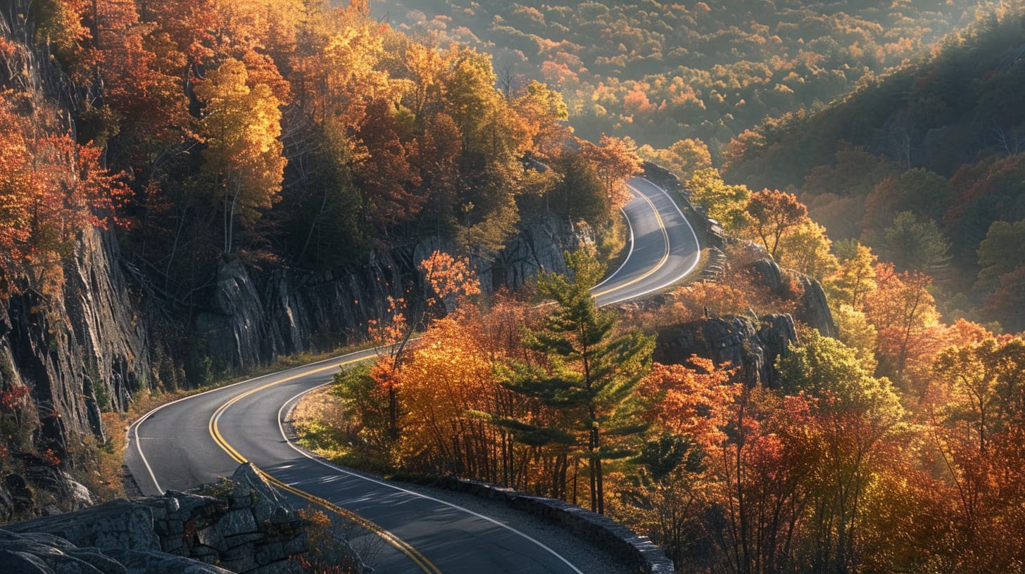 A winding road curves through a vibrant autumn forest. Trees in shades of orange, red, and yellow line the path. Sunlight filters through the foliage, casting a warm glow over the scene. Rocky cliffs rise alongside the road.