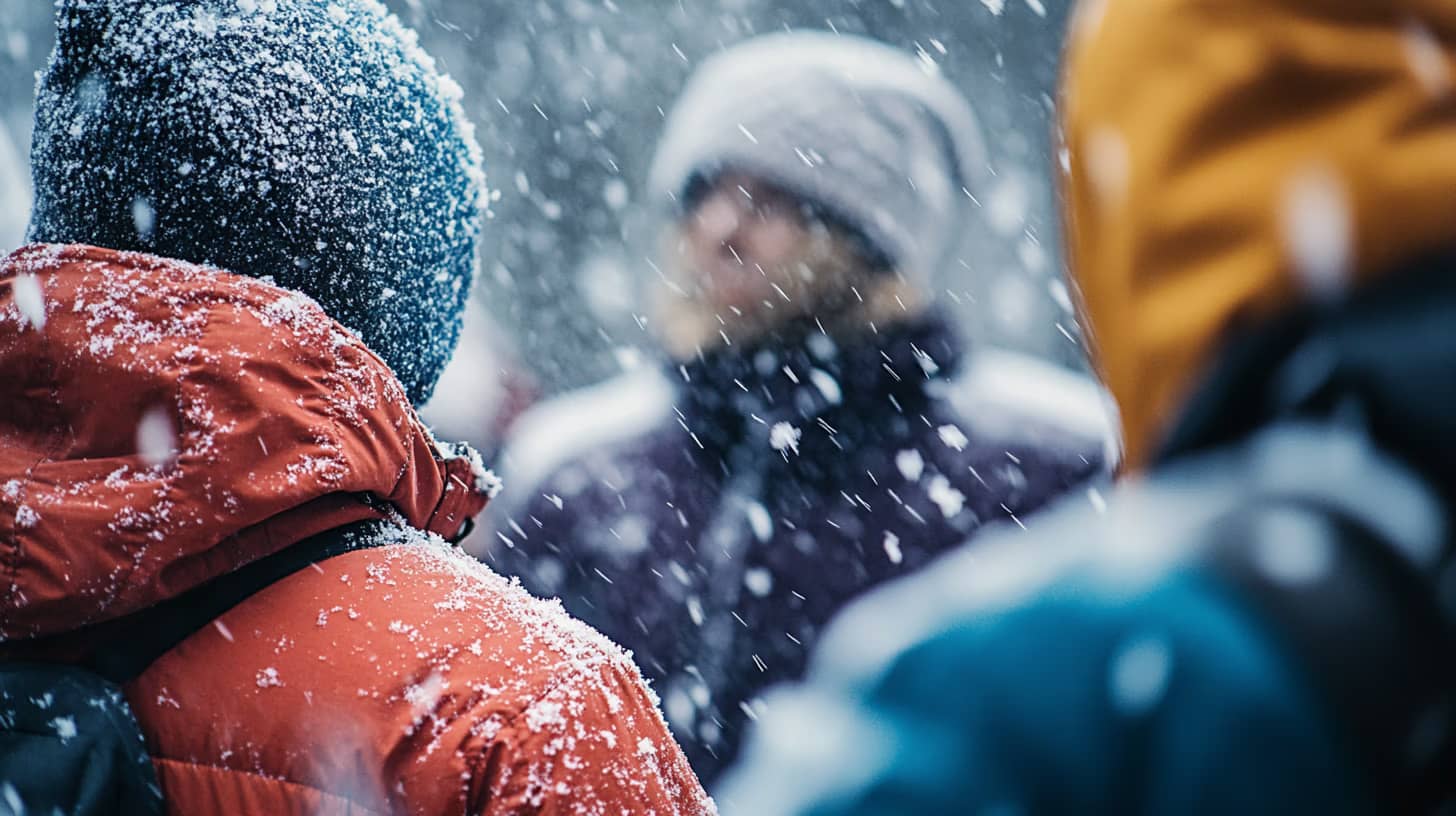 A group of people bundled up in brightly colored winter gear are standing in a snowstorm. Snowflakes are visibly falling and accumulating on their jackets and hats. The scene conveys a sense of cold and wintry weather.