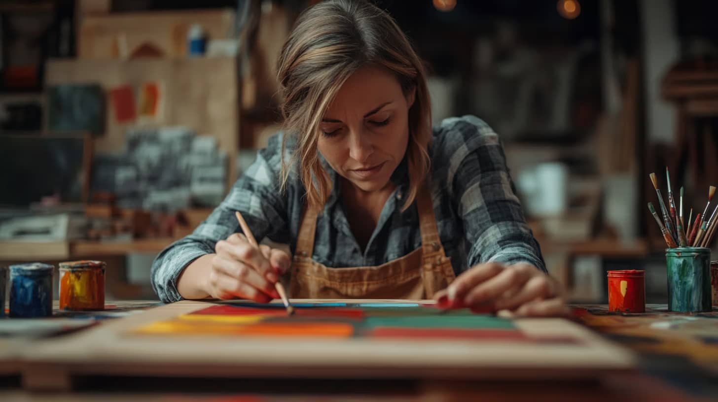 A woman in a plaid shirt and apron concentrates on painting a colorful abstract design in a studio filled with art supplies.