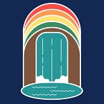 An image of a rainbow with a waterfall in the background at Savannah Oaks campgrounds.