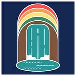 This colorful illustration captures the ethereal beauty of a waterfall flowing through a brown arch into a teal pool, crowned by a rainbow. Set against dark blue, it evokes the charm of Belle Ridge under spacious skies.