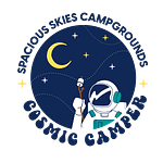 An astronaut toasting a marshmallow under a starry night sky with a crescent moon, surrounded by the text "Spacious Skies Campgrounds Cosmic Camper"—discover adventure and rewards with our new Loyalty Program.