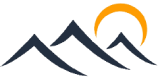 Three dark blue mountain peaks with an orange arc resembling a rising or setting sun in the background.