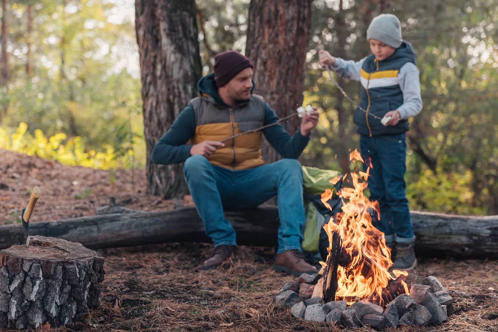 father and son at campfire roasting marshmallows