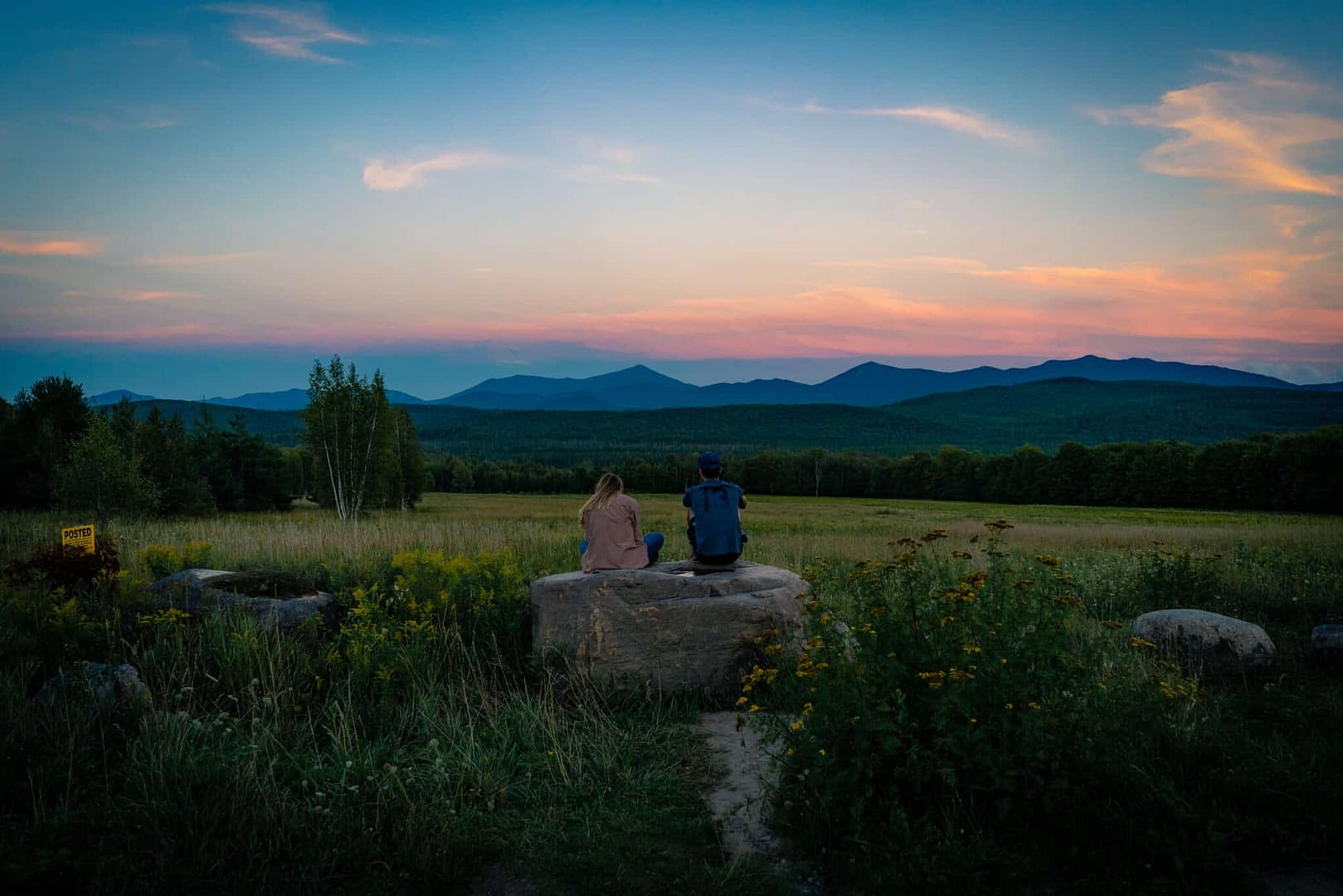 Two people sitting on a rock in a field at sunset, surrounded by blooming flowers.