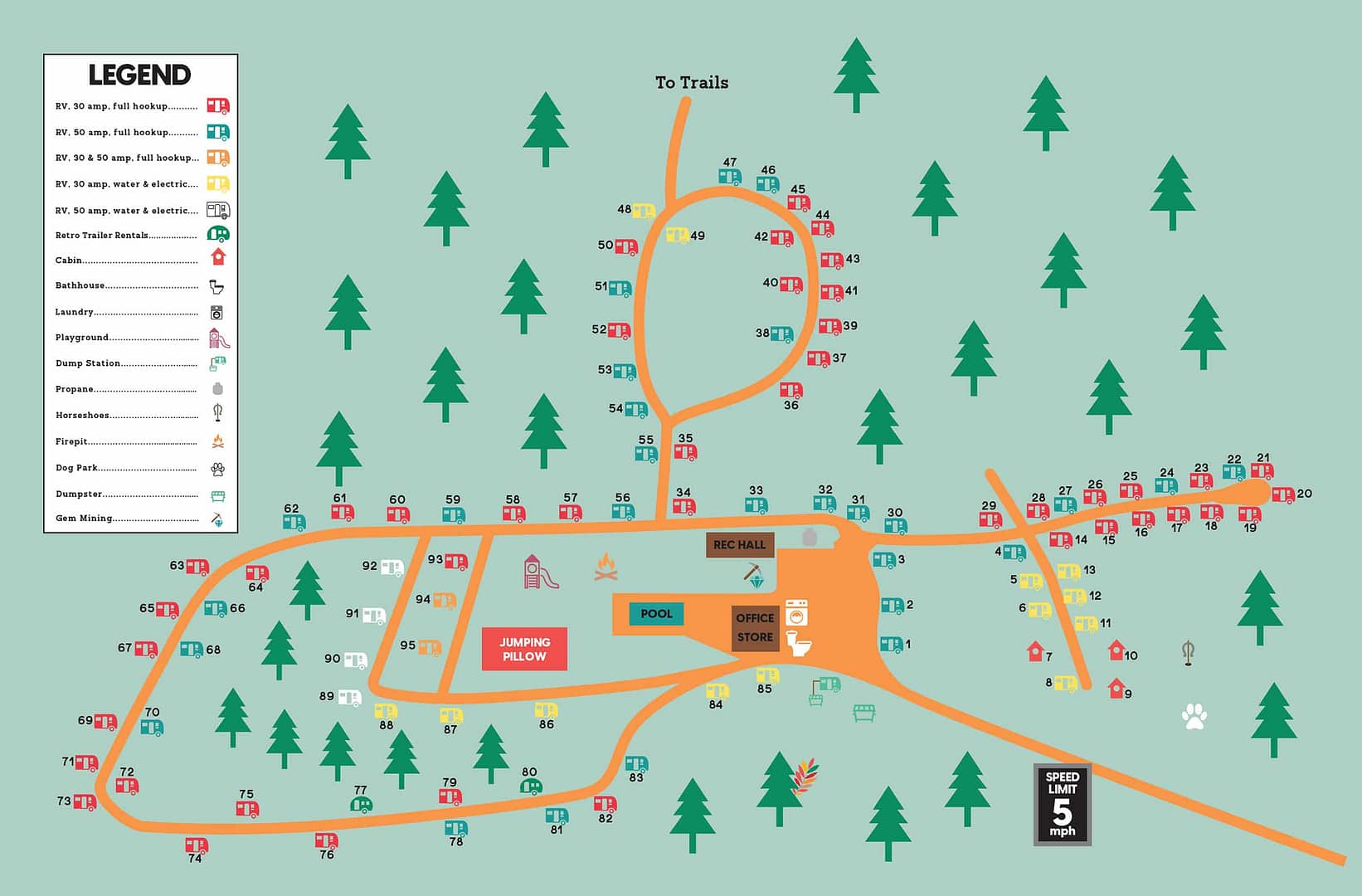 Illustrative map of a campground featuring labeled trails, site numbers, and amenities like a pool and store, depicted with a legend for symbols and rules used.