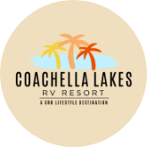 Logo for Coachella Lakes RV Resort featuring three palm trees and a blue water shape above the resort name, with the tagline "A CDR Lifestyle Destination" below.