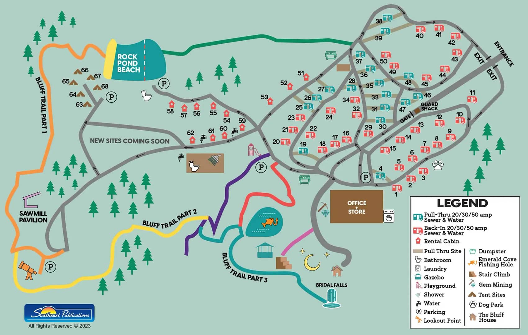 Illustrated map of a campground with marked sites, facilities, and attractions, including a key for amenities and rules.