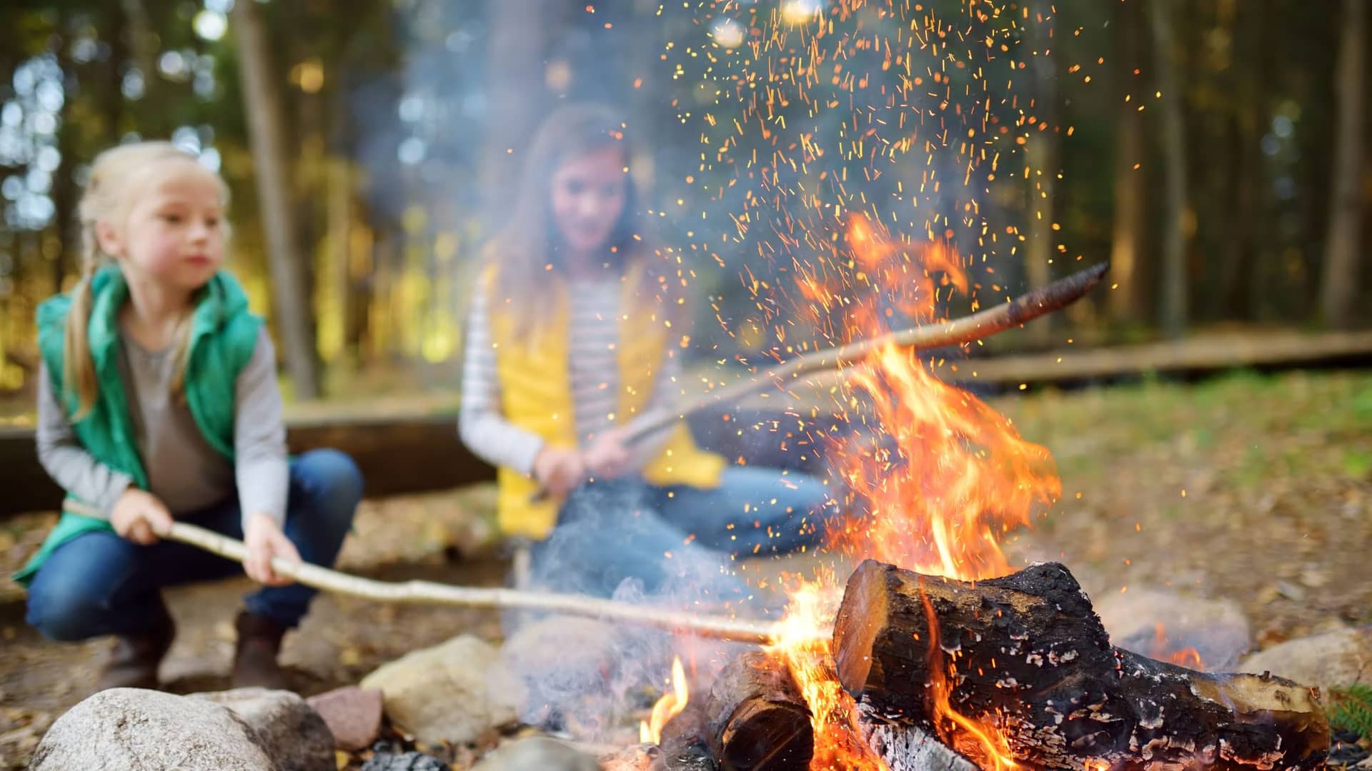 Two children sit around a campfire at the Bear Den Fall Festival, holding sticks over the flames. The fire is blazing with visible sparks flying upward, surrounded by rocks and logs. The background shows a dense, green forest. Both children are dressed in casual outdoor clothes.