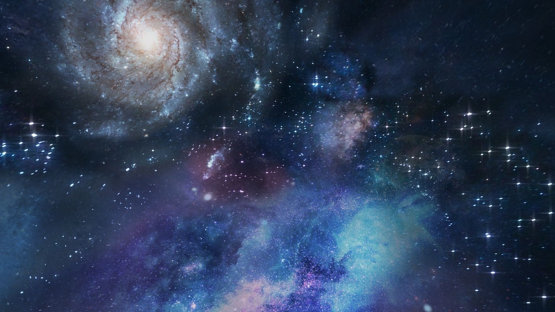 A vast, colorful galaxy scene with swirling stars and cosmic dust captivates stargazers. A bright spiral galaxy glows on the left, framed by a deep, star-filled space. Blue, purple, and pink nebulae dazzle above Spacious Skies Campgrounds, offering a beginner’s guide to celestial wonders.