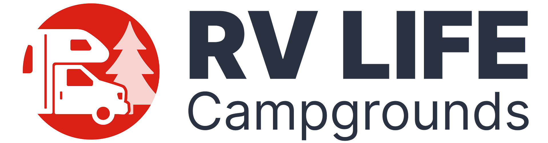 Logo featuring a red circle with a white RV and tree silhouette inside, next to the text "RV LIFE Campgrounds" in bold, dark font. The design subtly echoes the charm of Seven Maples, capturing the essence of open-road adventures.
