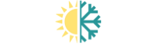 A graphic showing half a yellow sun on the left and half a blue snowflake on the right, representing hot and cold or summer and winter.