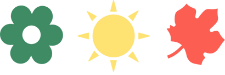 A green flower, a yellow sun, and a red leaf are displayed in a row on a light background.