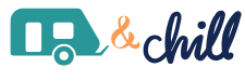 A teal camper trailer icon, an orange ampersand, and the word "chill" in dark blue cursive font on a light background.