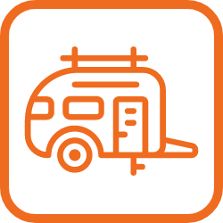 Orange line drawing of a camper trailer with a roof rack, a door, and a single wheel, enclosed in a rounded square border.