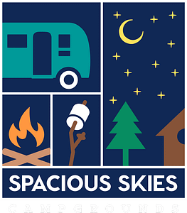 Logo for Spacious Skies Campgrounds featuring a teal camper, crescent moon and stars, campfire, marshmallow on a stick, pine tree, and cabin—all set on a dark blue background with white and teal campgrounds text.