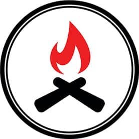 A logo with a campfire in the middle of a circle.