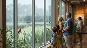 A diverse family and older couple watch colorful songbirds through large rain-streaked windows inside a modern environmental learning center, with natural wood accents and potted plants creating a cozy, educational atmosphere.