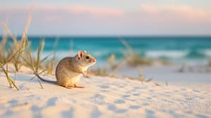 A rare Perdido Key beach mouse stands on a sandy dune with sea oats and beach grass, softly lit by morning sun near the Gulf shoreline.