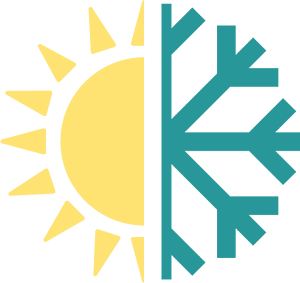 A stylized graphic split in half: the left side features a yellow sun with rays, while the right showcases a blue snowflake design, symbolizing the contrasting weather conditions of summer and winter in Balsam Woods.