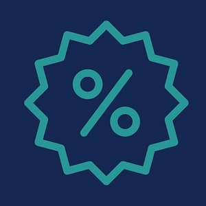 A teal percentage symbol inside a starburst shape on a dark blue background proudly signals a sale, akin to spotting savings under spacious skies.