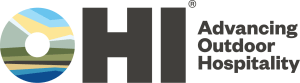 Logo for "Advancing Outdoor Hospitality" with the letters "OH" stylized. The "O" features a landscape design with sky, fields, and a river, reminiscent of a Minute Man's journey through nature.