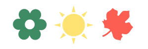 Illustration of three symbols: a green flower, a yellow sun with rays, and a red maple leaf, representing spring, summer, and autumn respectively, against a transparent background.
