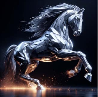 A metallic, futuristic horse rearing up on its hind legs with sparks flying beneath its hooves against a dark background.
