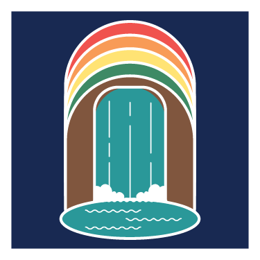 A stylized illustration of a waterfall flowing from an arched opening at Belle Ridge, with rainbow-colored bands above it, set against a dark blue background.