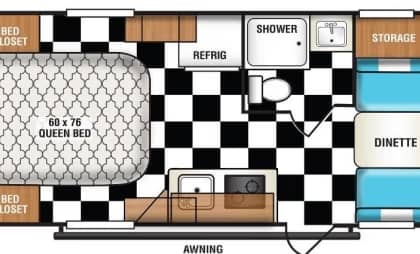 Floor plan of a compact rv showing a queen bed, kitchenette, dinette, shower, and storage space.