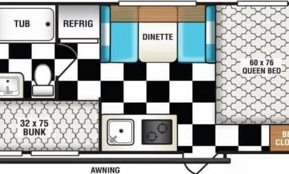 Floor plan of a compact rv with designated areas for sleeping, dining, and facilities including a kitchen and bathroom.