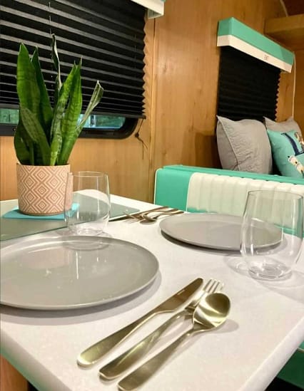 A table setting in an airstream RV.