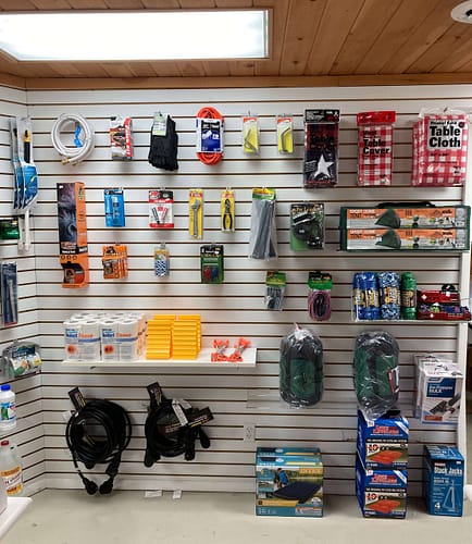 A display of various items on a wall.