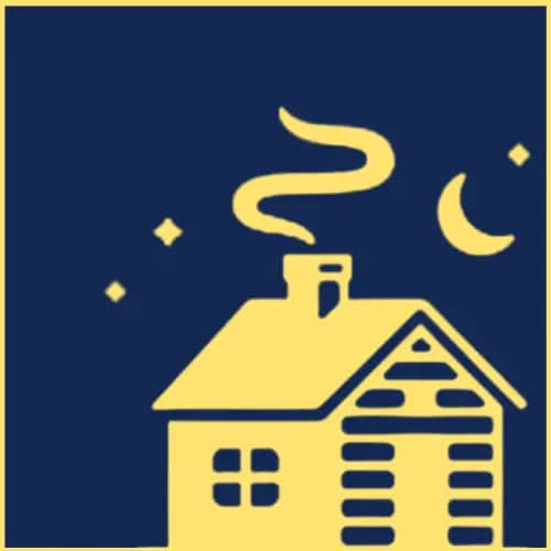A yellow and blue Woodland Hills icon with a house and moon.